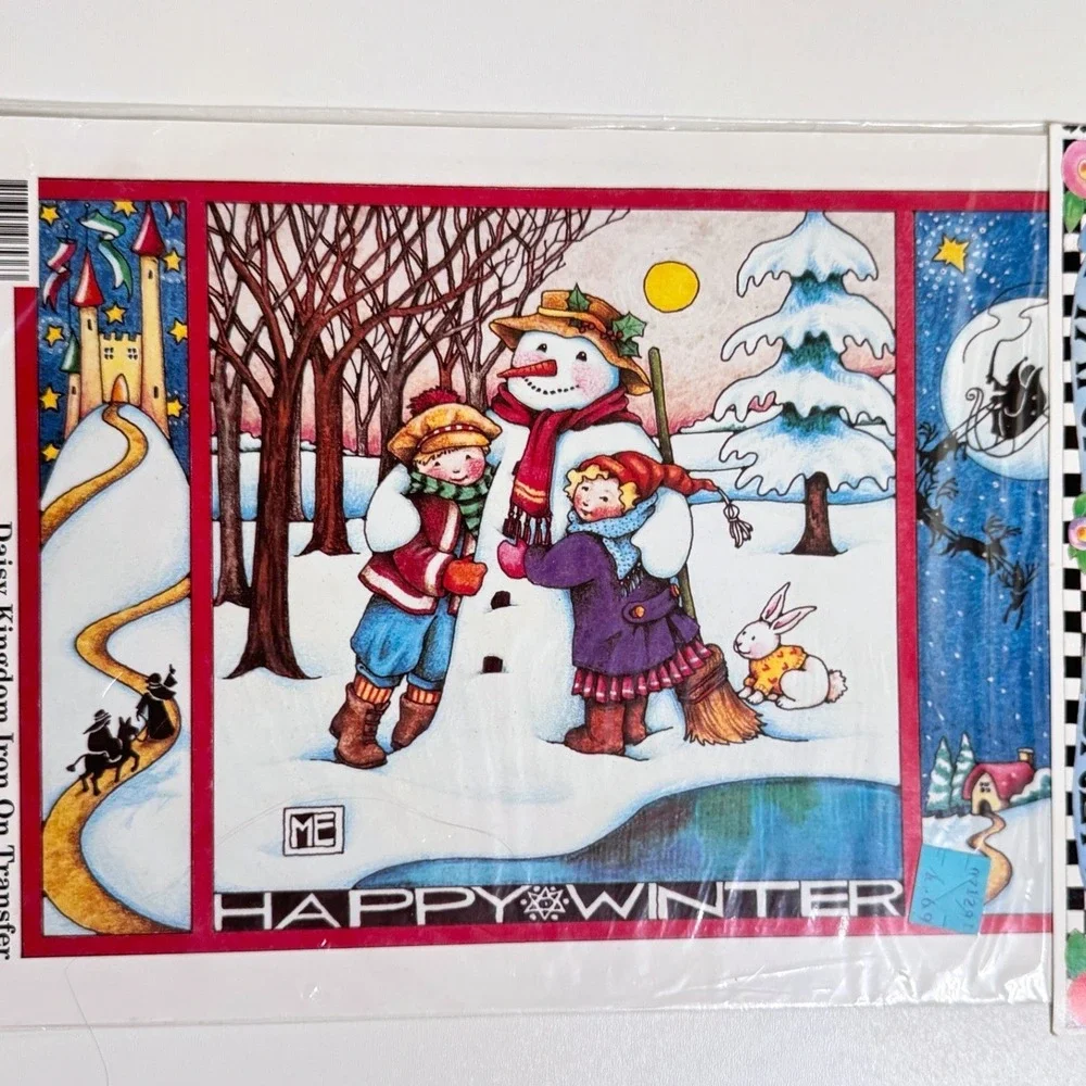 Vintage 1990 MARY ENGELBREIT Daisy Kingdom Iron-On Transfer Happy Winter 6536